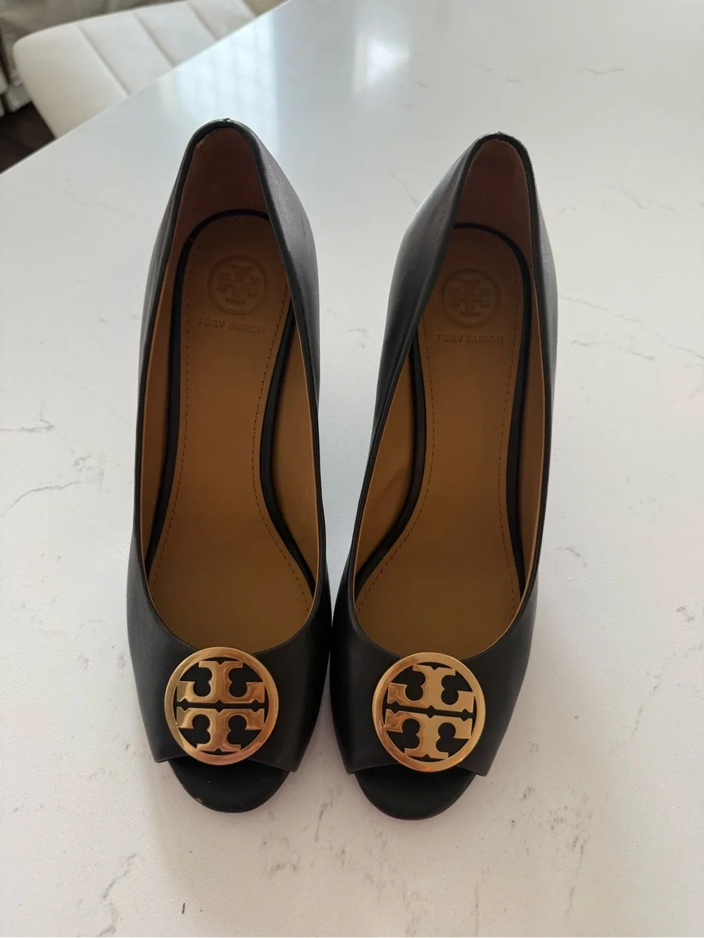 Tory Burch Black Leather Peep-Toe Heels with Gold Logo Medallion
